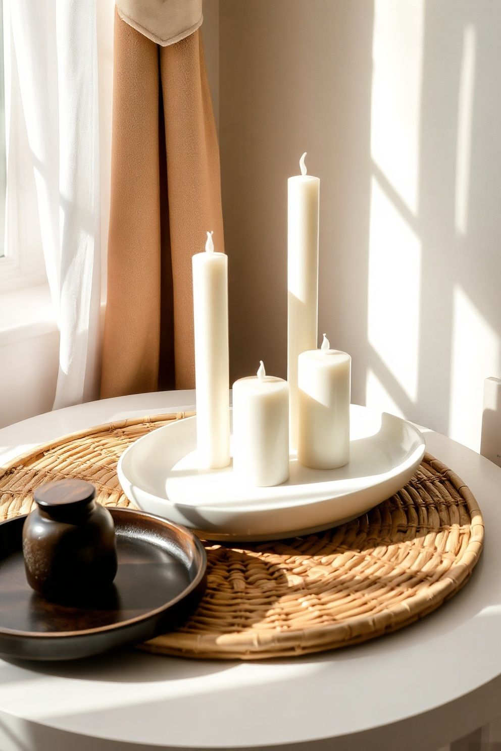 A Set of Unscented Pillar Candles in Bleached White on a Shell Tray – coastal — bedroom coastal — bedroom decor · Coastal Bedroom Decor: 18 Small Accessories That Make Every Inch Feel Beachy