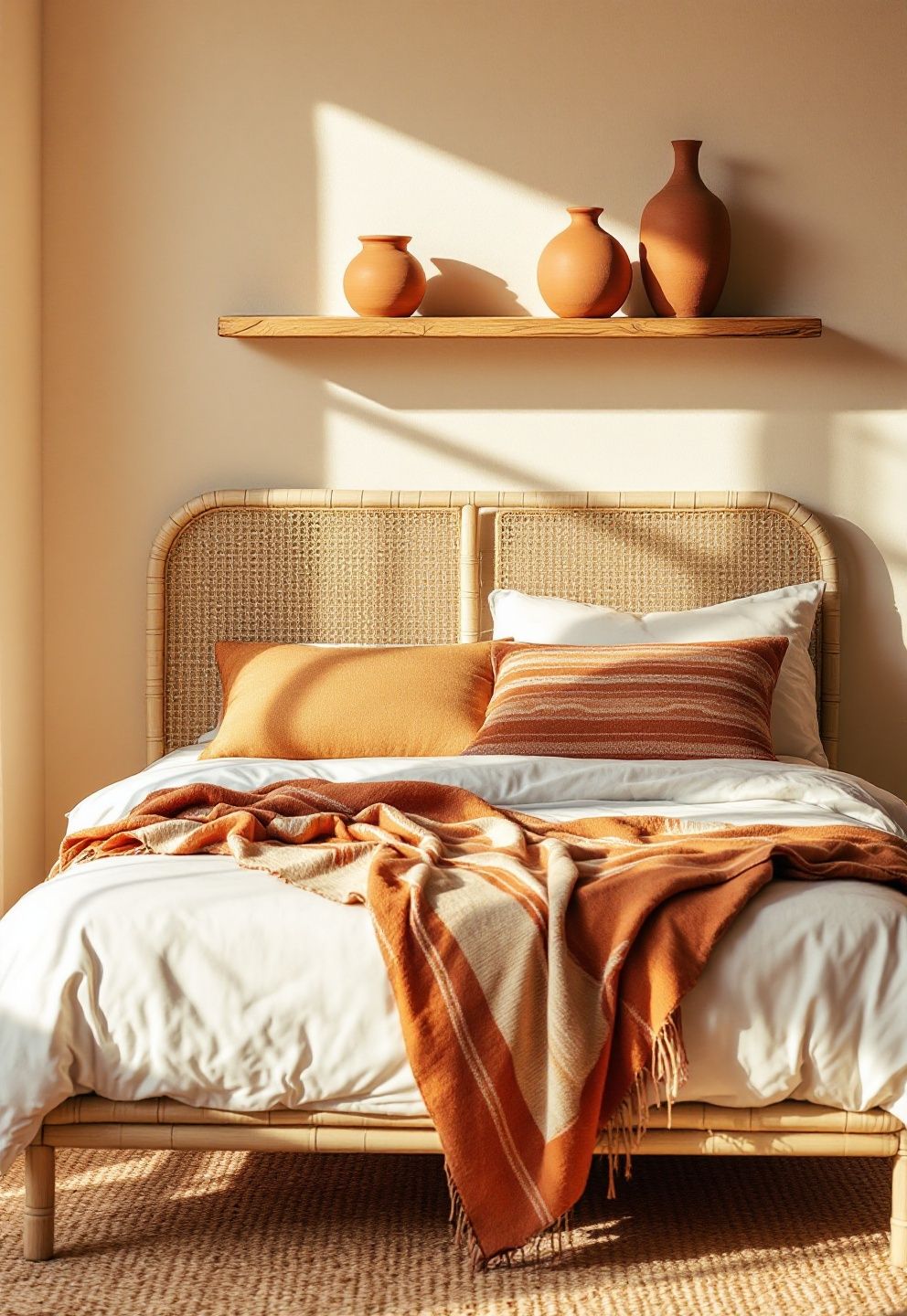 Terracotta Pots, Woven Serape Textile, and a Whitewashed Rattan Bed – coastal — bedroom coastal — bedroom decor · Coastal Cowgirl Bedroom: 14 Western-Meets-Beach Designs That Define the New Trend