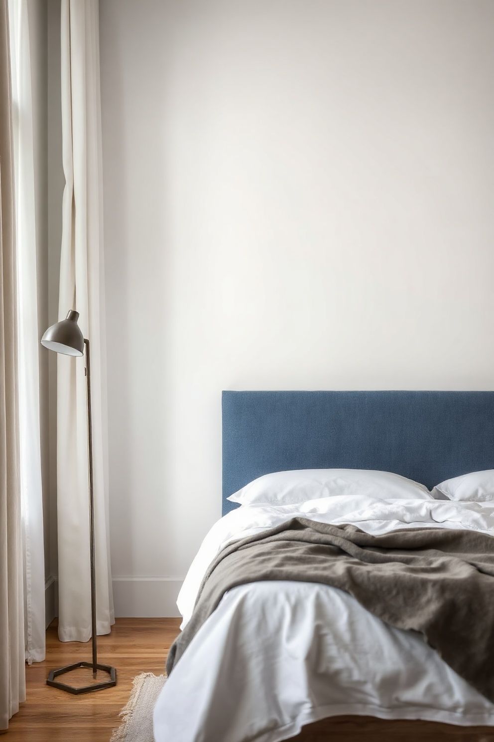 Indigo Linen Headboard Against a White Plaster Wall