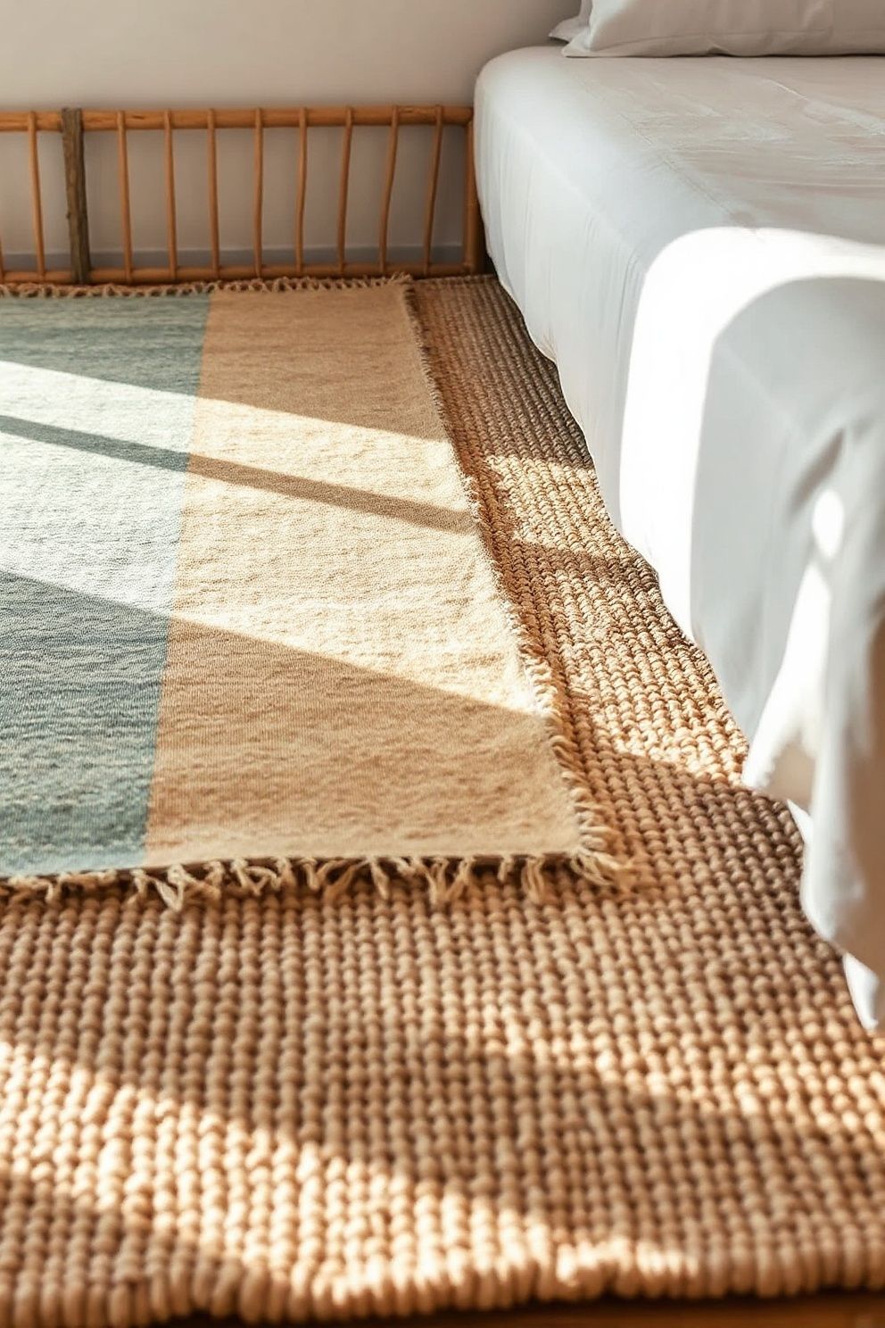 Flat-Weave Kilim Runner Laid Over a Chunky Natural Abaca Rug Beneath the Bed – coastal — bedroom coastal — bedroom decor · Boho Coastal Bedroom: 15 Relaxed Layered Designs for the Free-Spirited Decorator
