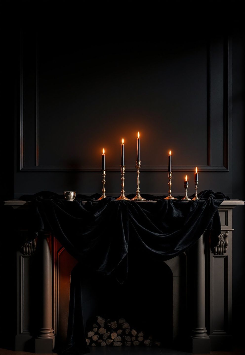 A Flowing Black Fabric Drape With Layered Candelabras – seasonal — spring + other seasonal — spring + other decor · Halloween Mantel Decor: 14 Spooky Fireplace Styling Ideas From Subtle to Scary