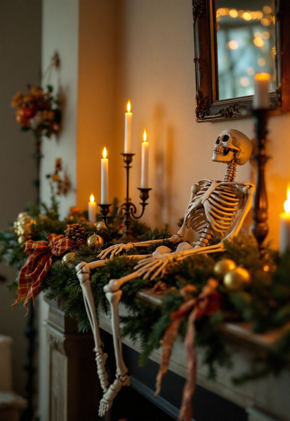 A Mini Skeleton Propped Among the Garland – seasonal — spring + other seasonal — spring + other decor · Halloween Mantel Decor: 14 Spooky Fireplace Styling Ideas From Subtle to Scary