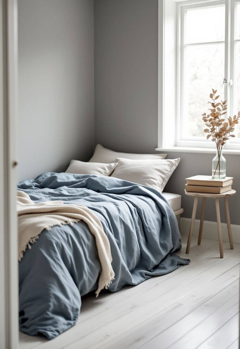 Pale Denim Bedding Against Driftwood Grey Walls – coastal — bedroom coastal — bedroom decor · Coastal Cowgirl Bedroom: 14 Western-Meets-Beach Designs That Define the New Trend