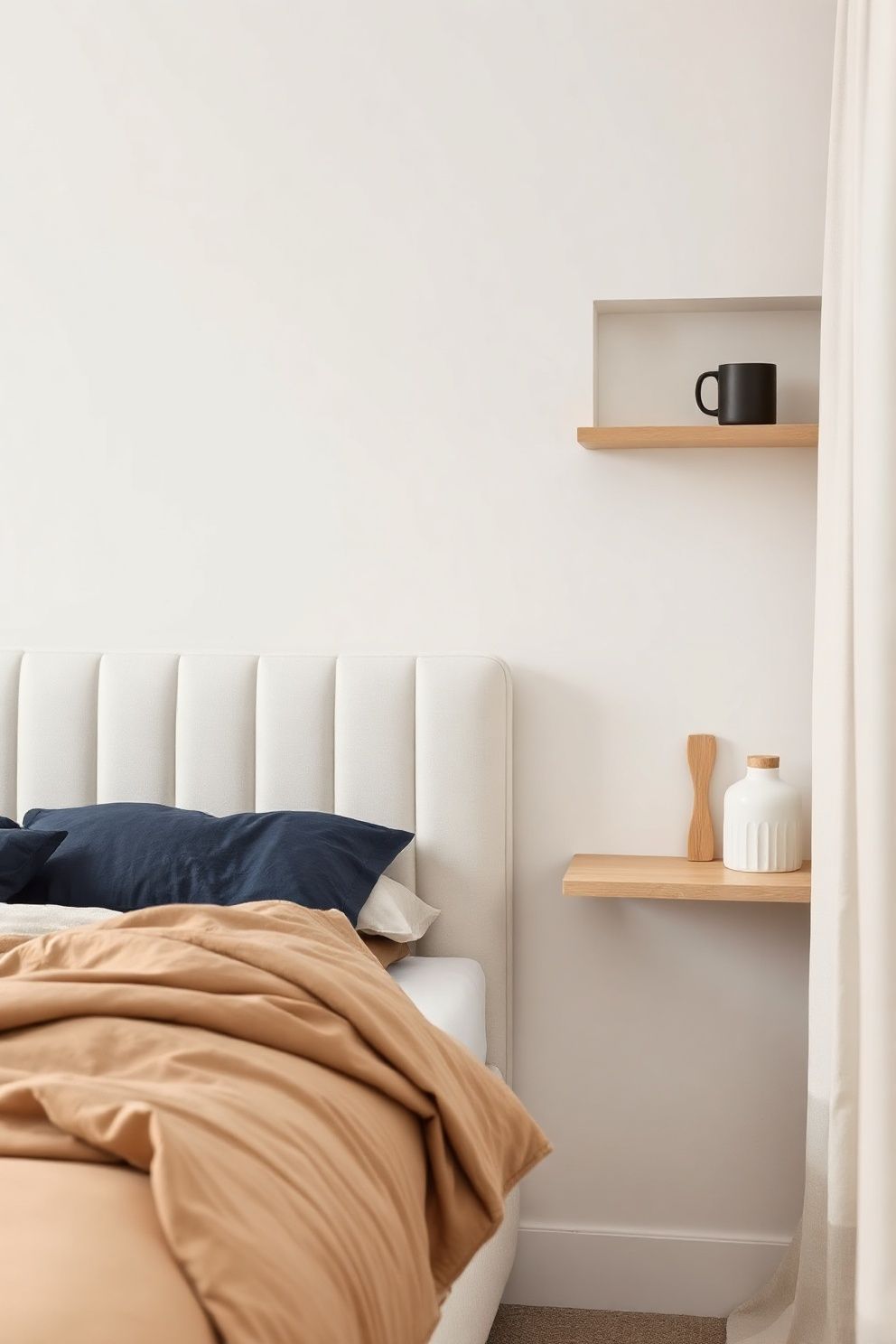 White Upholstered Panel Headboard With Tight Channel Stitching – Japandi coastal —-bedroom decor · Modern Coastal Bedroom: 16 Clean Airy Designs With a Fresh Ocean Feel