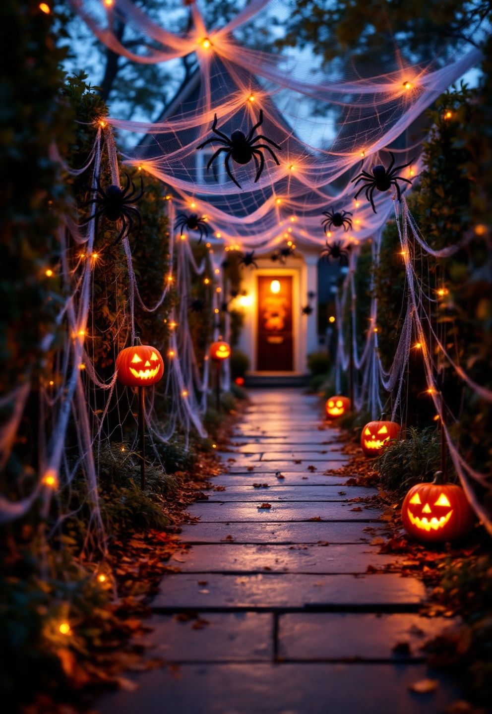 Stretching Web Netting at the Path's Natural Width – seasonal — spring + other seasonal — spring + other decor · Outdoor Halloween Decorations: 16 Front Yard and Garden Designs That Transform Your Whole Property