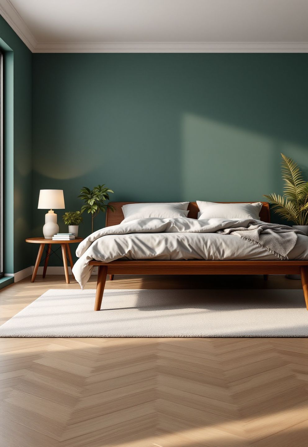 Tapered Legs and Warmer Wood Tones — Where Mid-Century Meets Japandi on Muted Teal – japandi — bedroom japandi — bedroom decor · 13 Small Japandi Bedroom Ideas That Feel Spacious and Serene