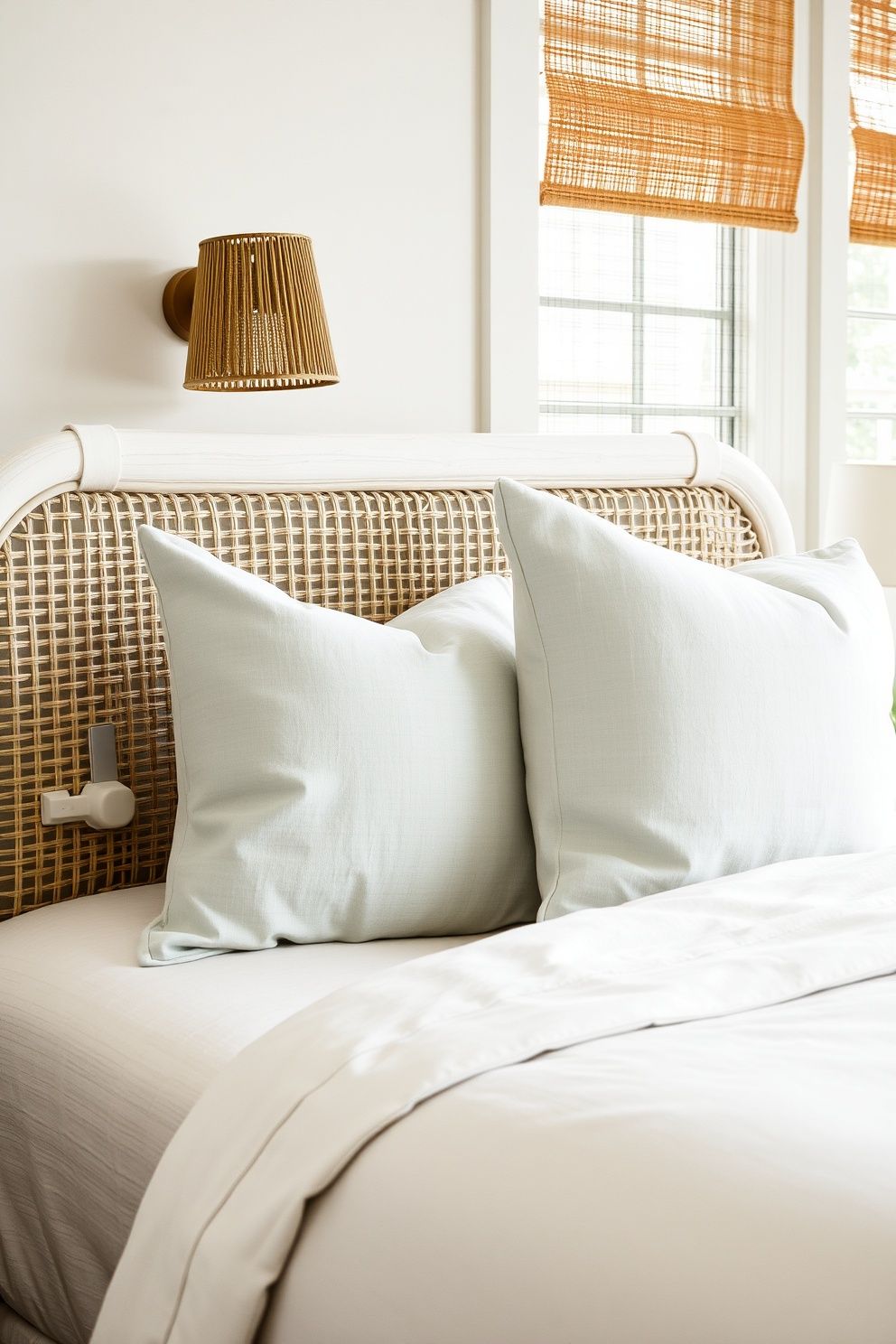 Plug-In Woven Seagrass Wall Sconce Mounted Low Beside Each Pillow – coastal — bedroom coastal — bedroom decor · Small Coastal Bedroom: 14 Space-Smart Designs That Feel Like a Beach Retreat