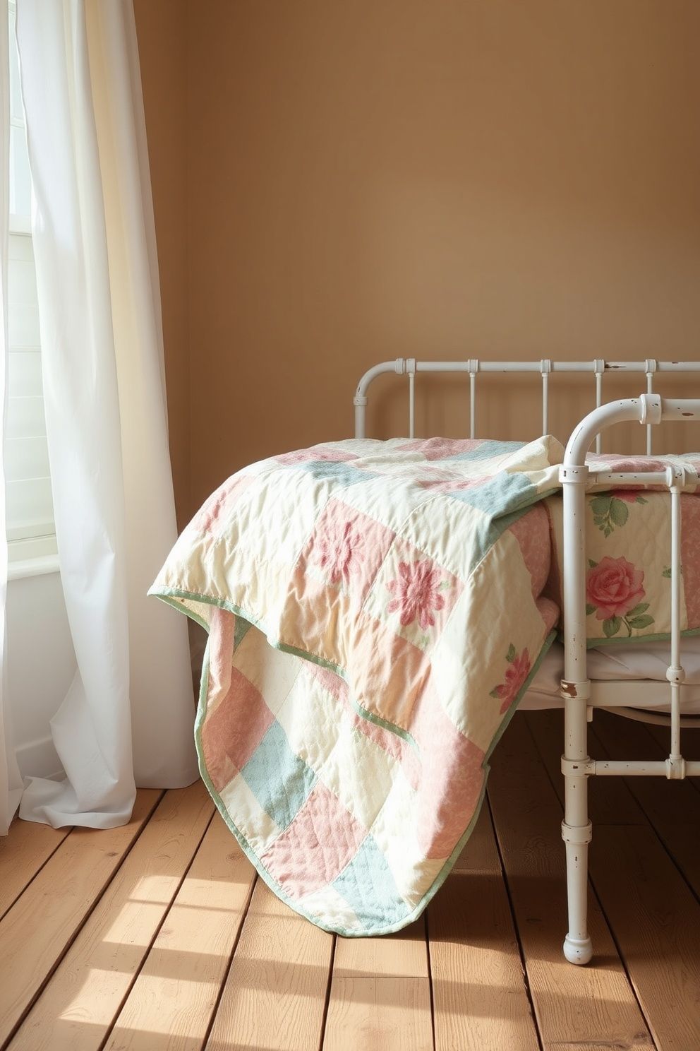 Sun-Faded Floral Patchwork Quilt Folded at the Foot of an Iron Bed – coastal — bedroom coastal — bedroom decor · Coastal Vintage Bedroom: 14 Timeworn Designs Full of Faded Beauty and Soul