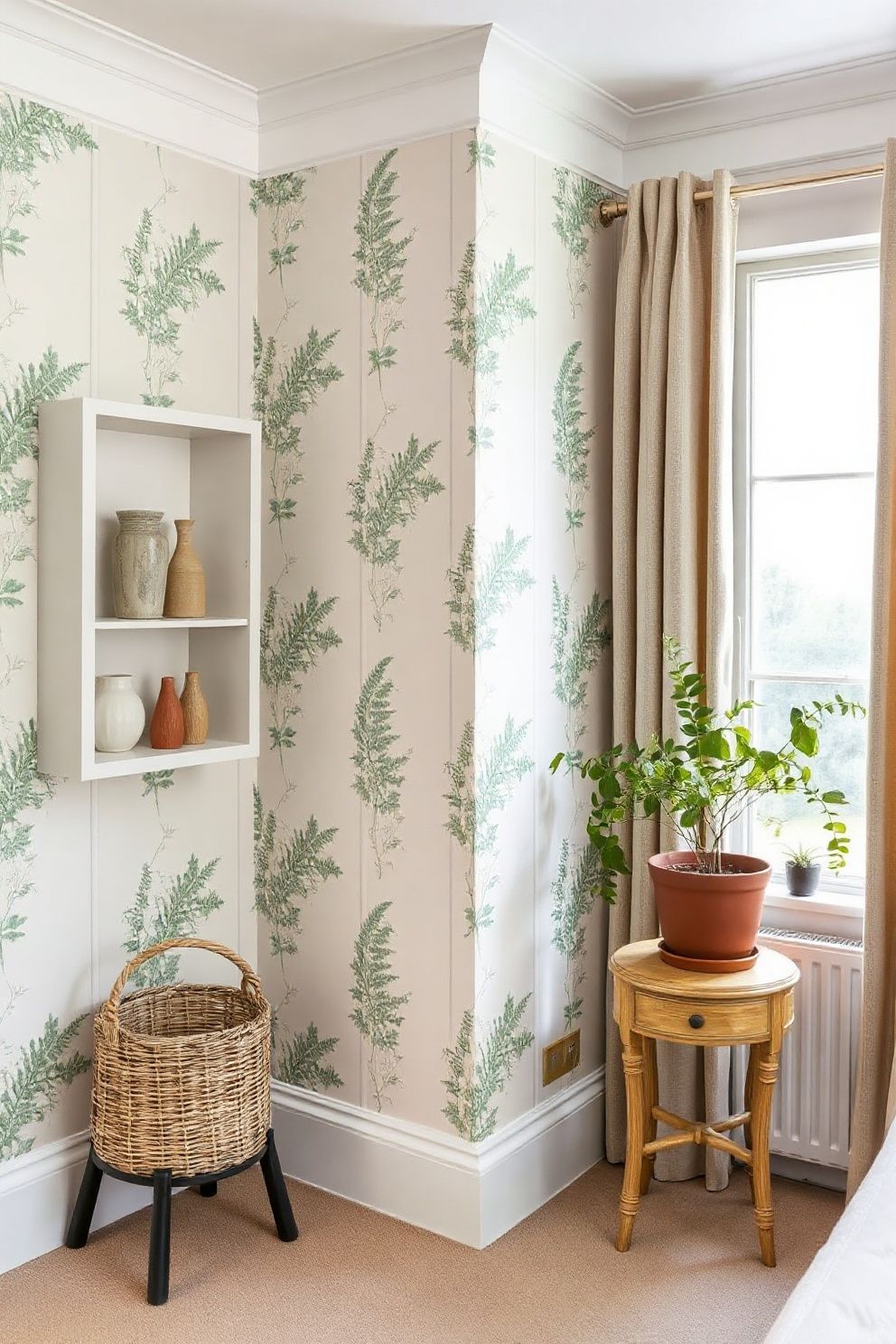 Full-Room Botanical Print Wallpaper in Soft Sage and Cream – coastal — bedroom coastal — bedroom decor · Coastal Grandma Bedroom: 14 Timeless Designs Full of Pattern Warmth and Heritage