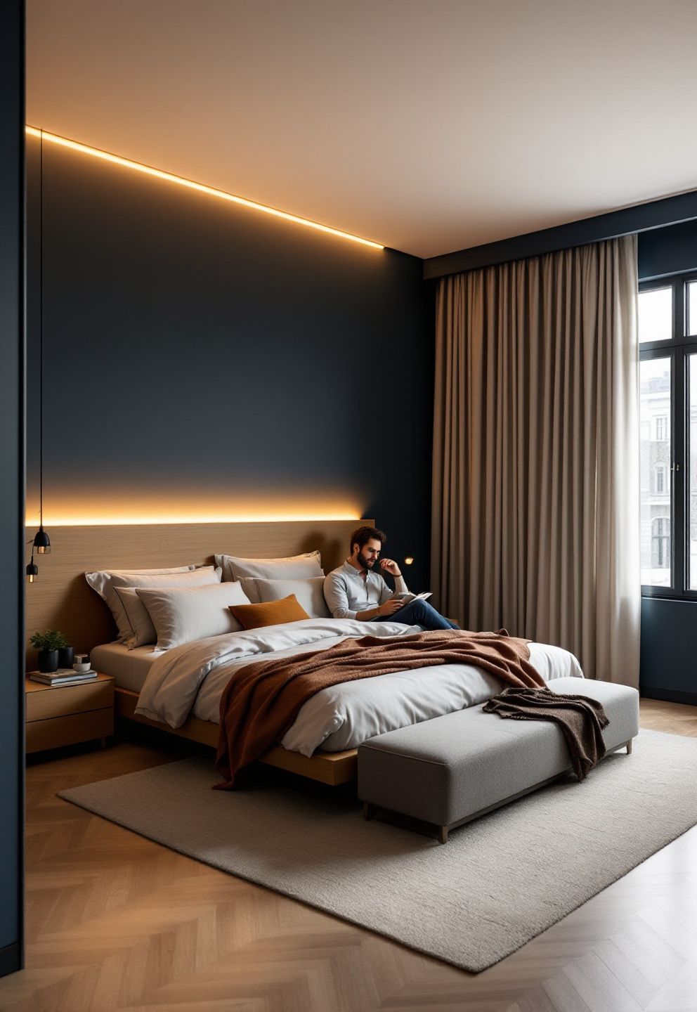 Navy Blue Japandi Bedroom: The Headboard Light Wash – japandi — bedroom japandi — bedroom decor · 12 Japandi Master Bedroom Ideas That Feel Like a 5-Star Hotel
