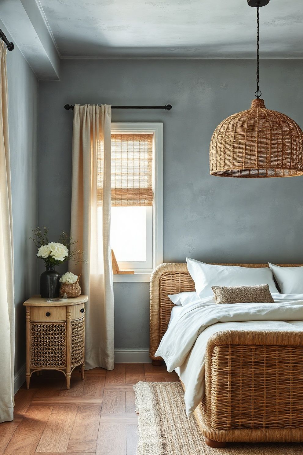 Slate Blue Limewash Walls With Rattan Bed Frame