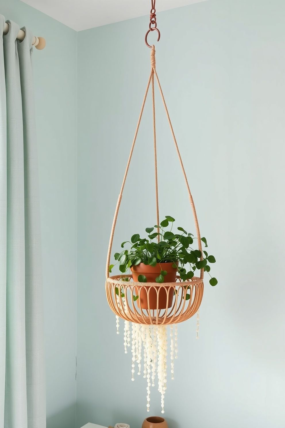 Ceiling-Hung Woven Rattan Cradle Planter With Sprawling String of Pearls – coastal — bedroom coastal — bedroom decor · Boho Coastal Bedroom: 15 Relaxed Layered Designs for the Free-Spirited Decorator