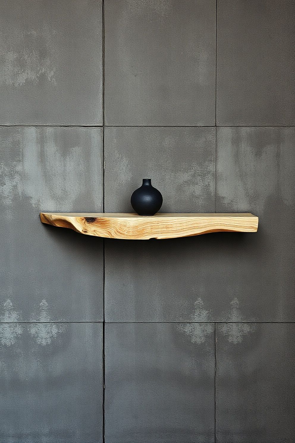 Hinoki Wood Slab Shelf Mounted on a Concrete-Effect Wall – japandi — living room japandi — living room decor · 10 Dark Japandi Living Room Ideas for a Moody Atmospheric Home