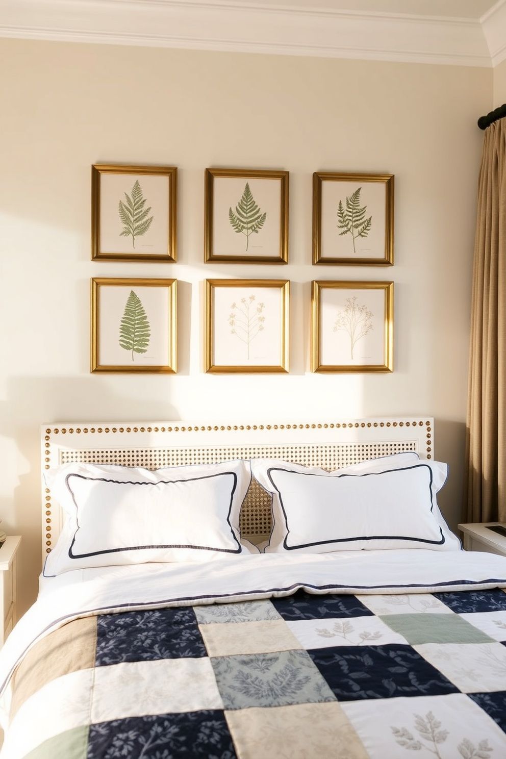 Framed Antique Botanical Prints in a Symmetrical Grid Above the Bed – coastal — bedroom coastal — bedroom decor · Coastal Grandma Bedroom: 14 Timeless Designs Full of Pattern Warmth and Heritage