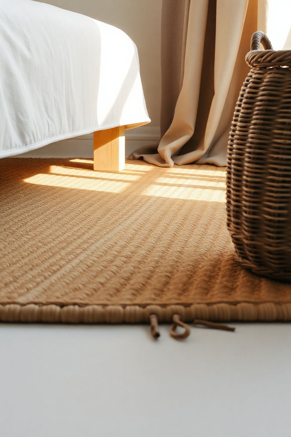 Hand-Braided Seagrass Rug With a Looped Natural Border – coastal — bedroom coastal — bedroom decor · Cozy Coastal Bedroom: 16 Texture-Rich Ideas That Feel Like a Permanent Beach Holiday