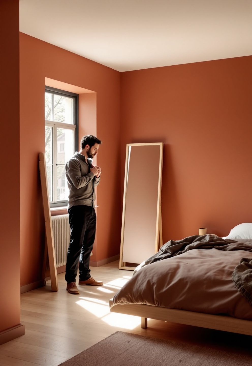 The Angled Mirror Rule That Bounces Light Across a Dusty Terracotta Wall – japandi — bedroom japandi — bedroom decor · 13 Small Japandi Bedroom Ideas That Feel Spacious and Serene