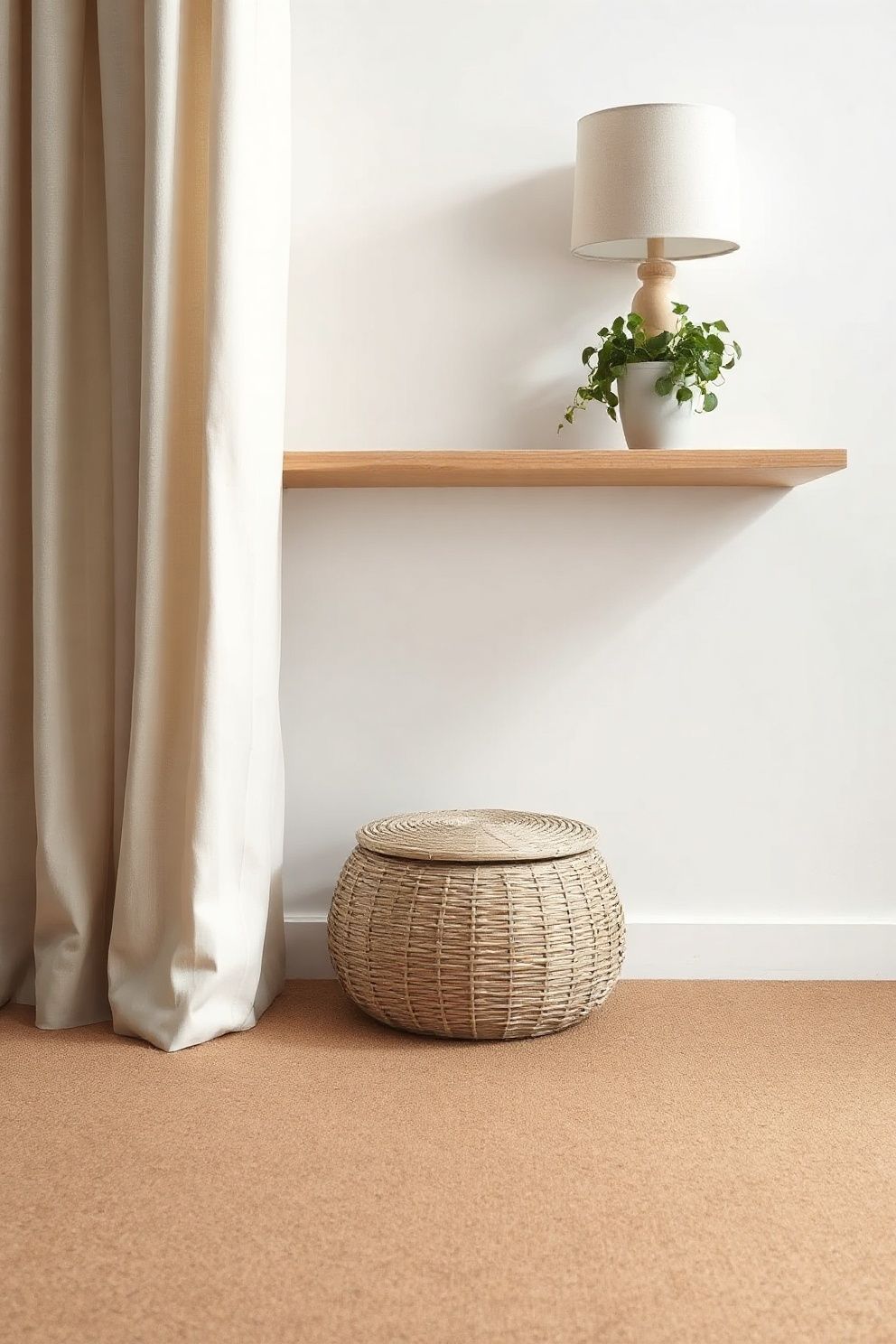A Single Lidded Woven Basket Under the Console — One Basket, One Category of Hidden Items – japandi — living room japandi — living room decor · 12 Small Japandi Living Room Ideas That Make Any Space Feel Bigger