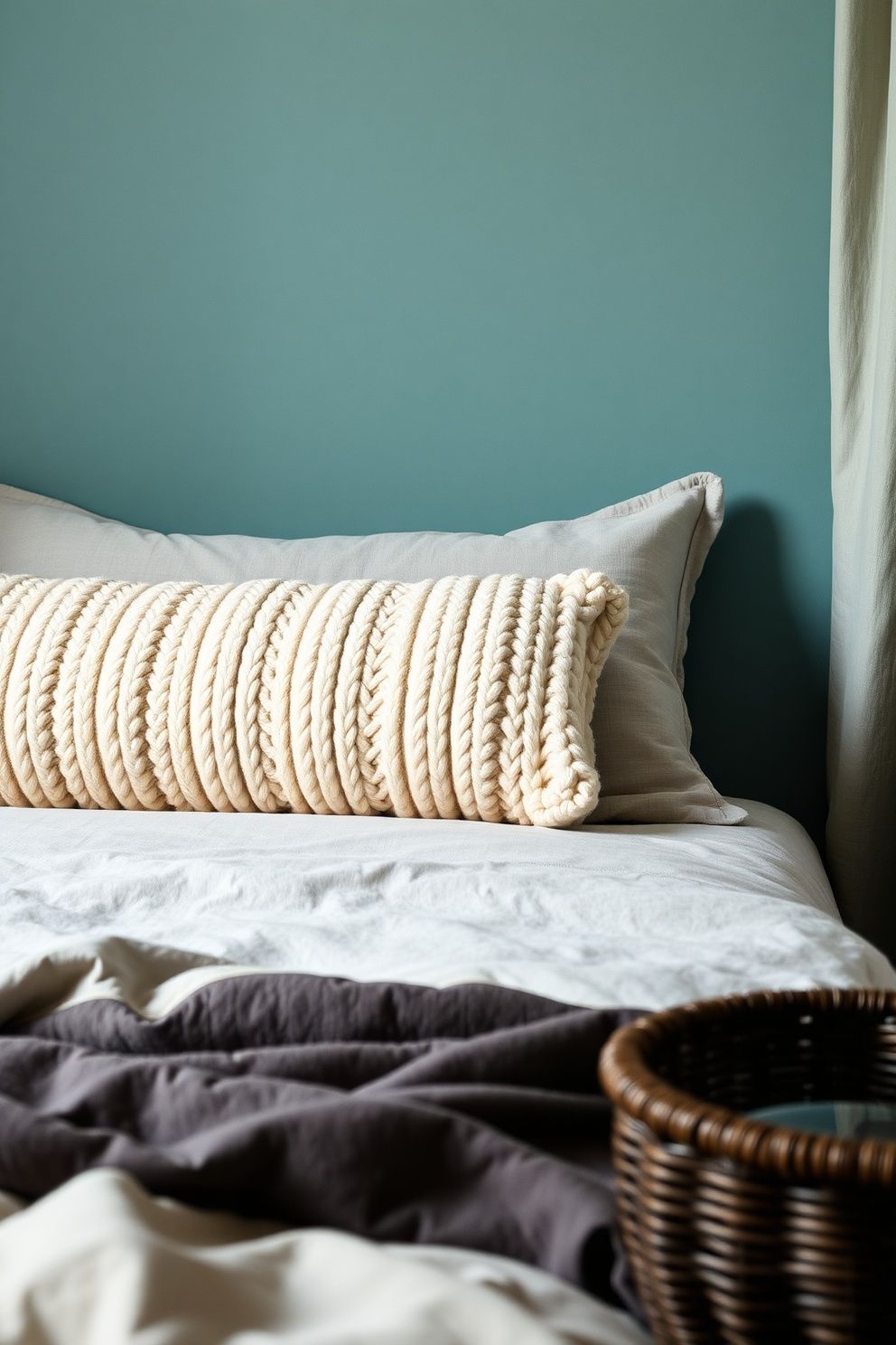 Chunky Hand-Knit Bolster in Natural Undyed Wool – coastal — bedroom coastal — bedroom decor · Cozy Coastal Bedroom: 16 Texture-Rich Ideas That Feel Like a Permanent Beach Holiday