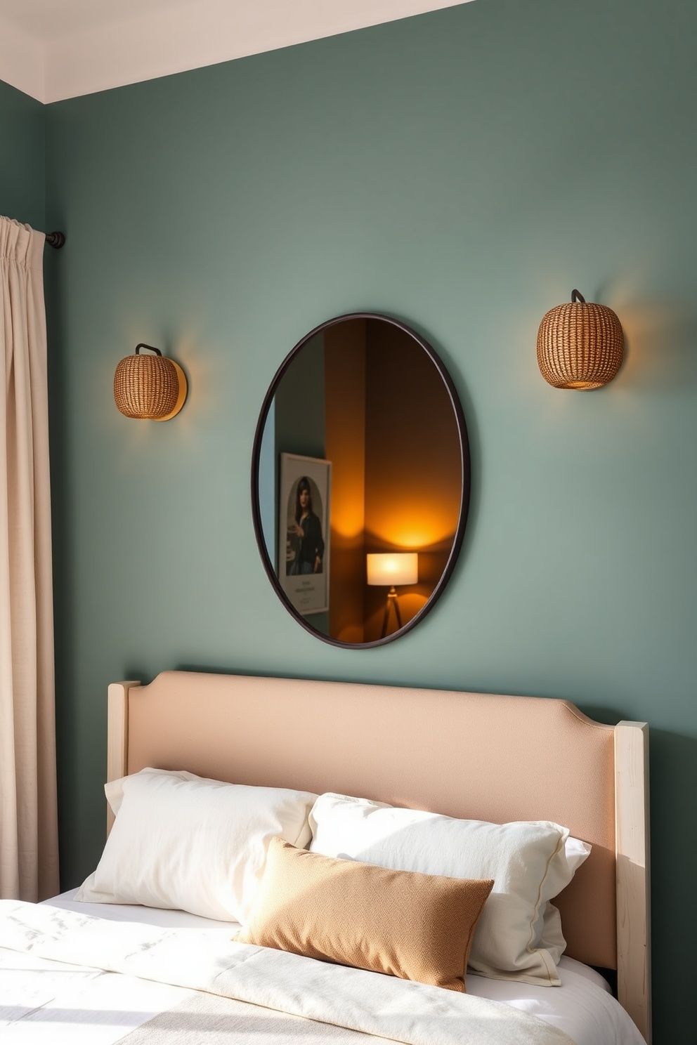 Oversized Oval Smoked-Glass Mirror Flanked by Two Woven Rattan Wall Sconces – coastal — bedroom coastal — bedroom decor · Aesthetic Coastal Bedroom: 15 Pinterest-Perfect Designs That Stop the Scroll