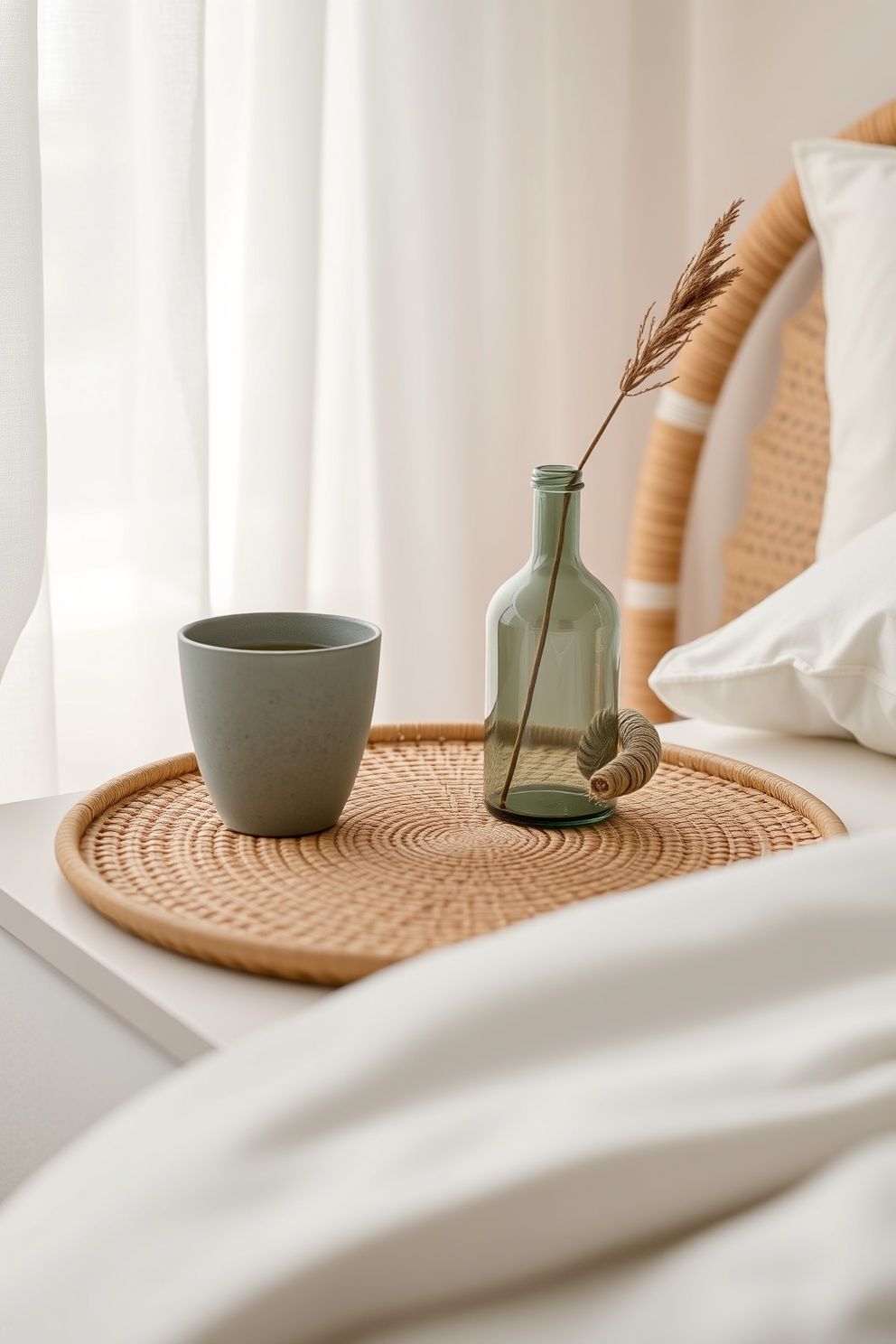 Stacked Rattan Tray Nightstand With Sage Stoneware, a Coiled Rope Object and Single Stem – coastal — bedroom coastal — bedroom decor · Aesthetic Coastal Bedroom: 15 Pinterest-Perfect Designs That Stop the Scroll