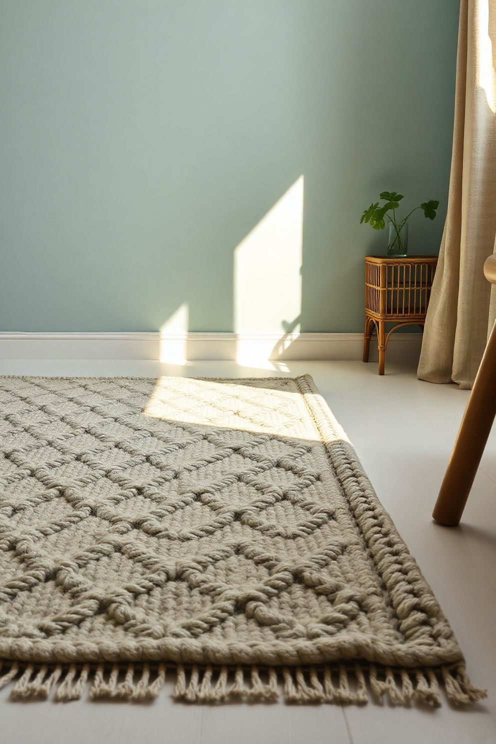 Hand-Knotted Wool Rug in Washed Sage and Cream Under a Rattan Bed – coastal — bedroom coastal — bedroom decor · Coastal Cottage Bedroom: 15 Charming Designs Full of Character and Relaxed Beauty
