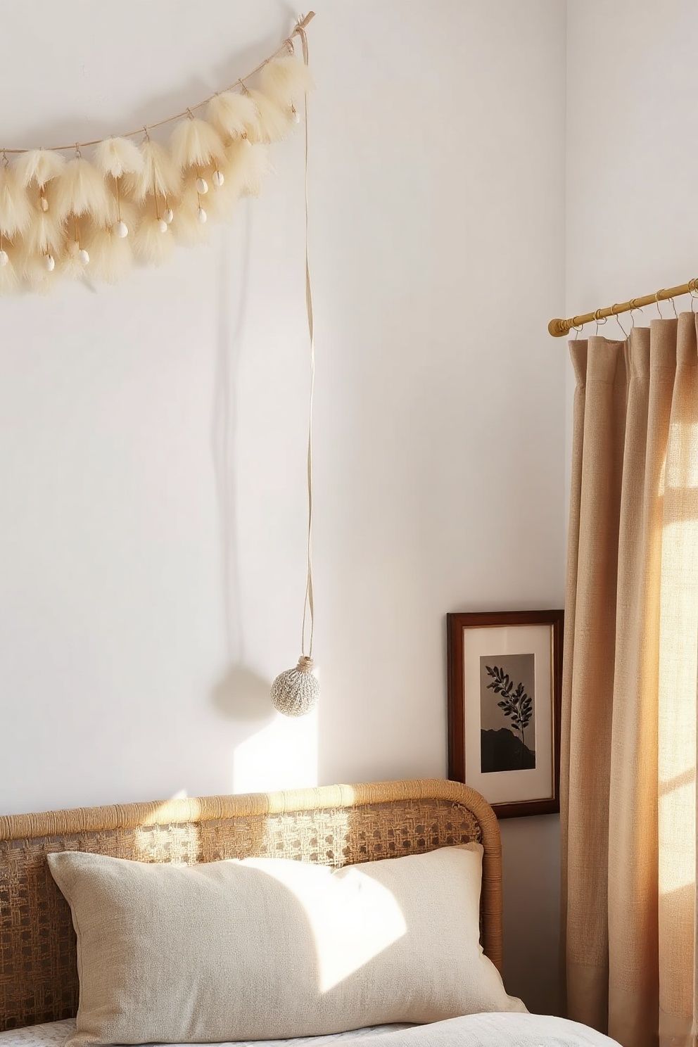 A Small Dried Pampas and Bleached Shell Garland Above the Headboard – coastal — bedroom coastal — bedroom decor · Coastal Bedroom Decor: 18 Small Accessories That Make Every Inch Feel Beachy