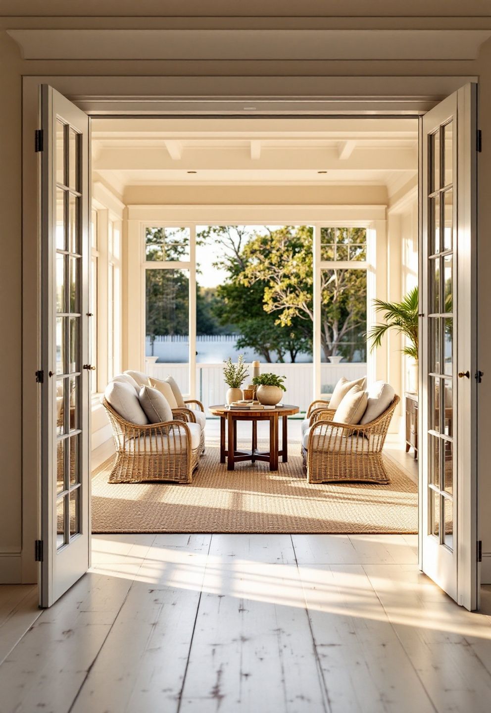 French Doors Framing a Covered Porch, Interior Styled to Match It – coastal — living room coastal — living room decor · Coastal Living Room Ideas: 20 Beautiful Designs That Bring the Beach Home