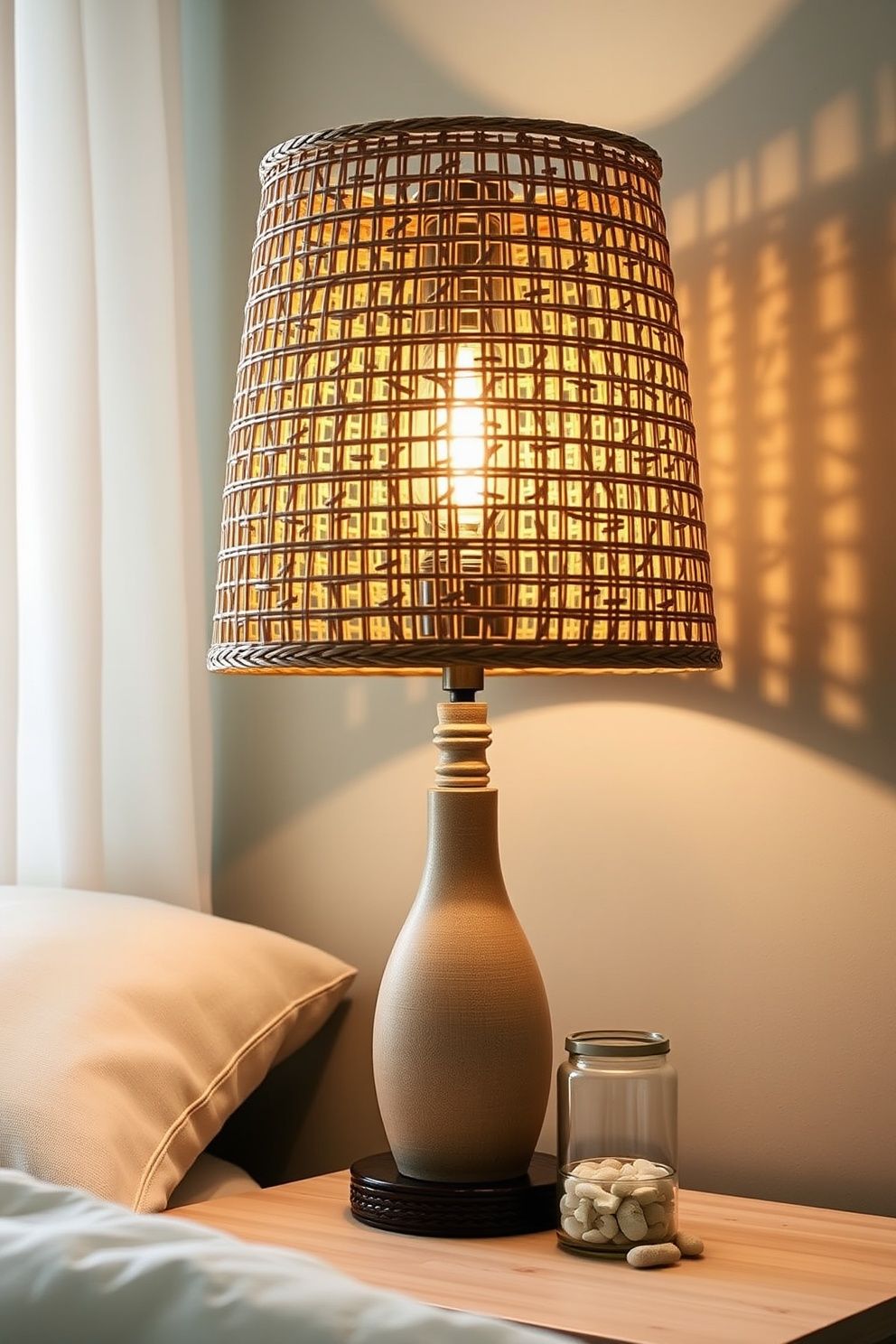 Woven Rattan Shade Table Lamp With a Warm Amber Bulb – coastal — bedroom coastal — bedroom decor · Cozy Coastal Bedroom: 16 Texture-Rich Ideas That Feel Like a Permanent Beach Holiday