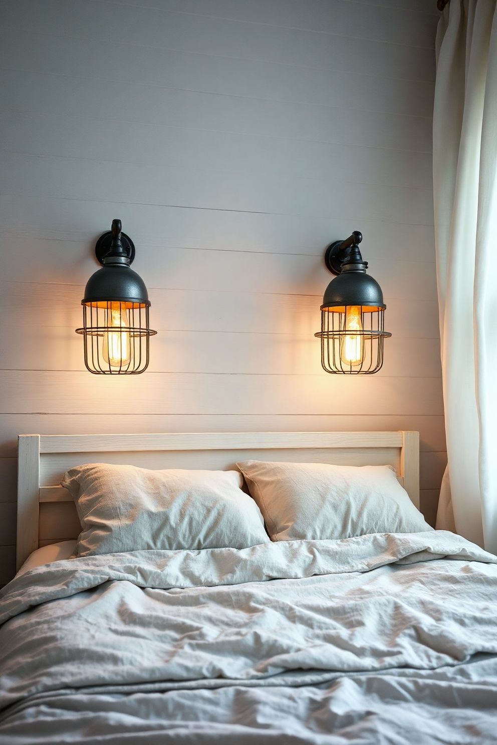 Galvanized Metal Barn-Style Wall Sconces Flanking a Shiplap Headboard Wall – coastal — bedroom coastal — bedroom decor · Coastal Farmhouse Bedroom: 14 Designs Where Rustic Wood Meets the Shore