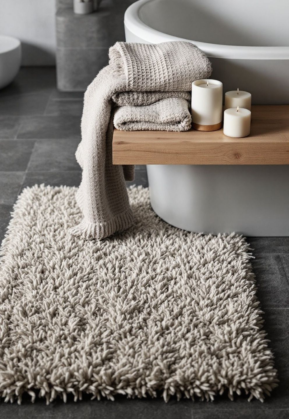 Layering Texture for a Cozy Bathroom Aesthetic: Waffle, Wool & Warm Wood – japandi — bathroom japandi — bathroom decor · The Ultimate Japandi Bathroom Guide: Spa Ideas Decor and Styling