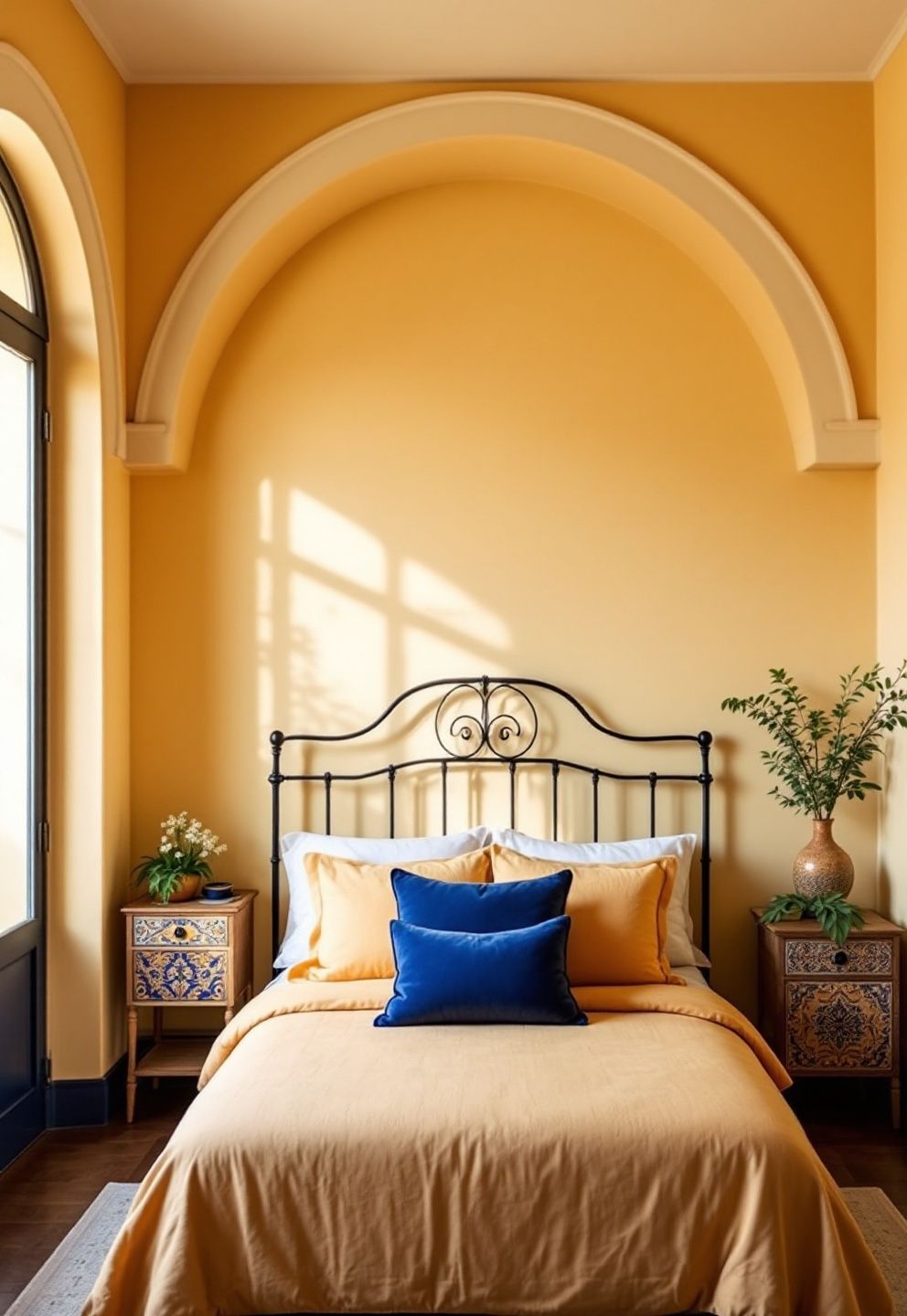 Arched Wrought Iron Headboard, Warm Cream Plaster Walls, and Hand-Painted Talavera Tiles as Accent – coastal — bedroom coastal — bedroom decor · California Coastal Bedroom: 14 Laid-Back Golden State Designs That Feel Like Permanent Summer