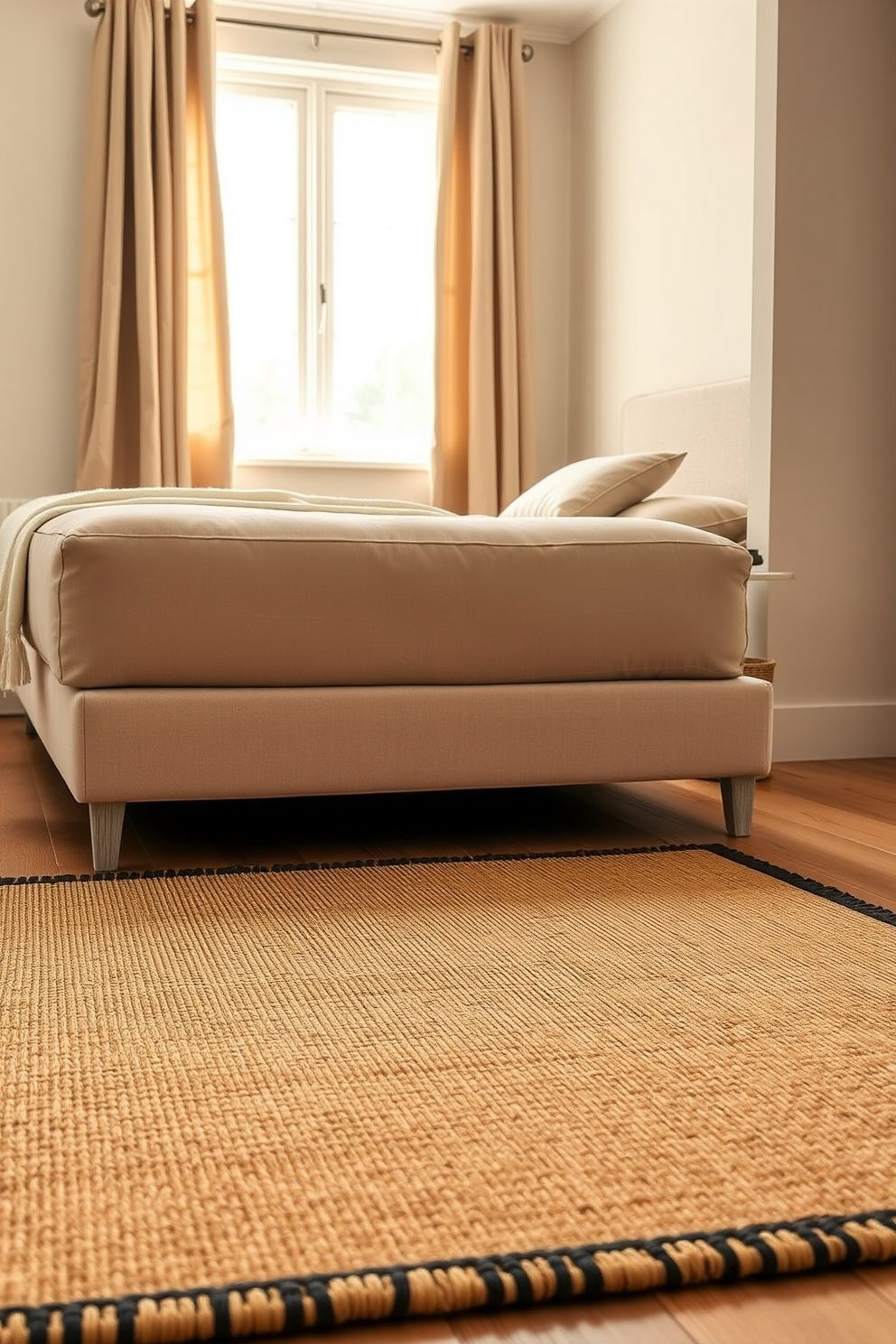 Woven Seagrass Rug in Natural Tan Beneath a Blush-Toned Bed – coastal — bedroom coastal — bedroom decor · Pink Coastal Bedroom: 16 Fresh Feminine Designs That Feel Like a Permanent Holiday