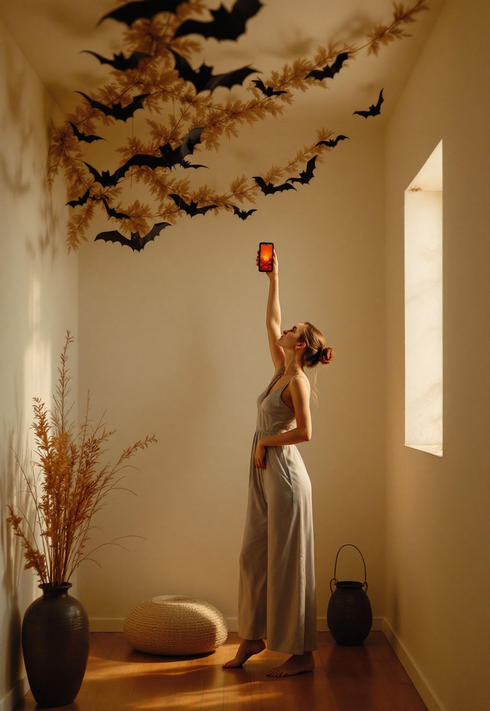 Ceiling Bats, Spider Web, and Floor Props — Layering the Full Height of the Hallway – seasonal — spring + other seasonal — spring + other decor · Halloween Indoor Photo Booth Ideas - 8 Stunning Instagram Worthy Indoor Halloween Photo Booths For Everyone