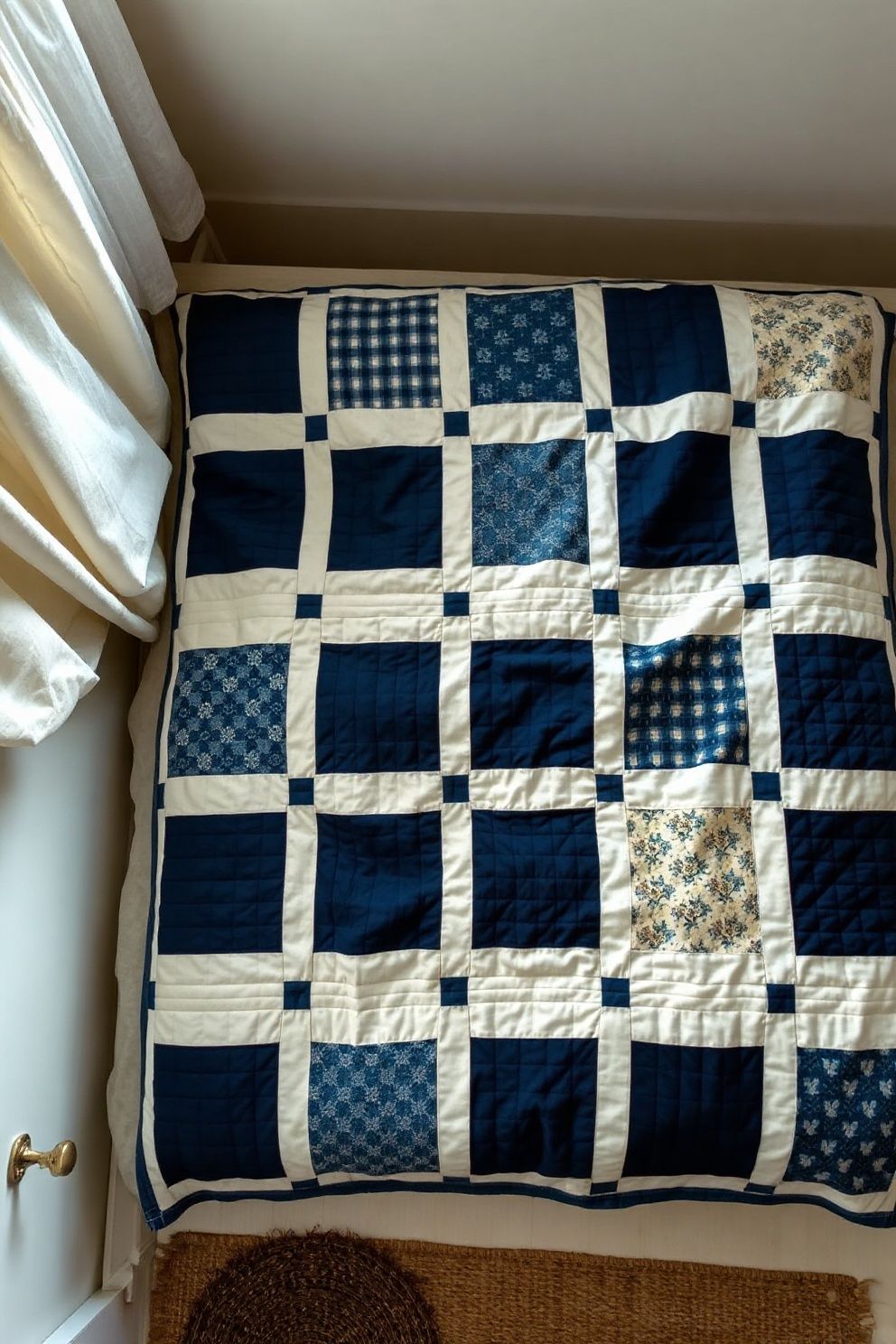 Patchwork Quilt in Indigo and Cream Coastal Prints – coastal — bedroom coastal — bedroom decor · Coastal Grandma Bedroom: 14 Timeless Designs Full of Pattern Warmth and Heritage