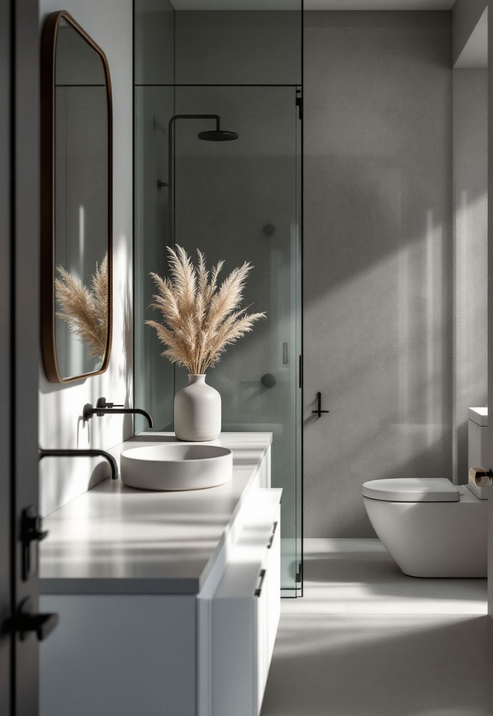 One Tall Dried Pampas or Lunaria Stem in a Matte Gray Ceramic Vase: Placement and Proportion Rules – seasonal — fall seasonal — fall decor · Fall Bathroom Decor: 16 Cozy Autumn Touches That Transform the Most Private Room