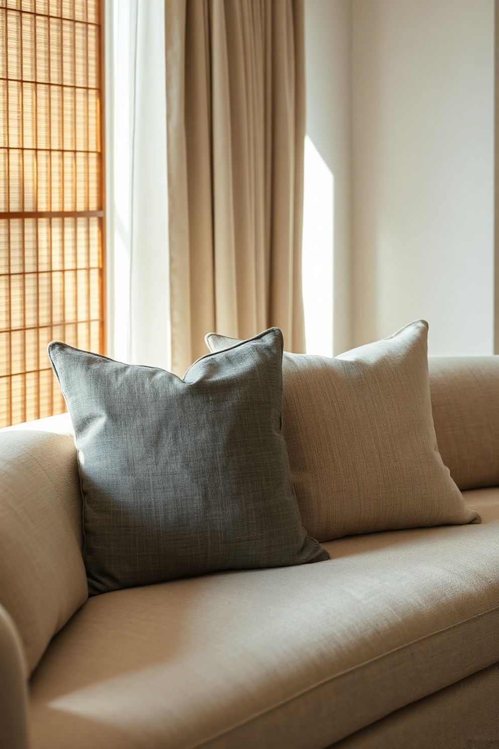 Slubby Linen Cushion Covers in Two Tones – Japandi living room decor · 17 Japandi Living Room Decor Ideas You Will Want to Steal Right Now