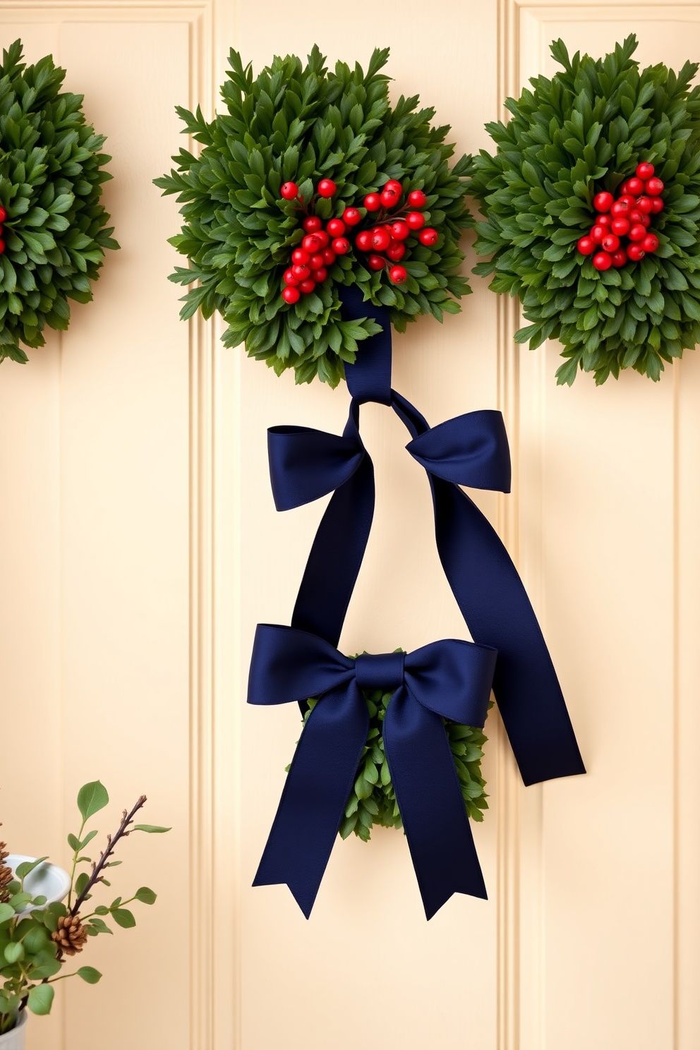 Boxwood Wreath With Red Berry Clusters and Blue Ribbon Bow – seasonal — spring + other seasonal — spring + other decor · 4th of July Porch Decor: 14 Festive Front Door Designs for Independence Day