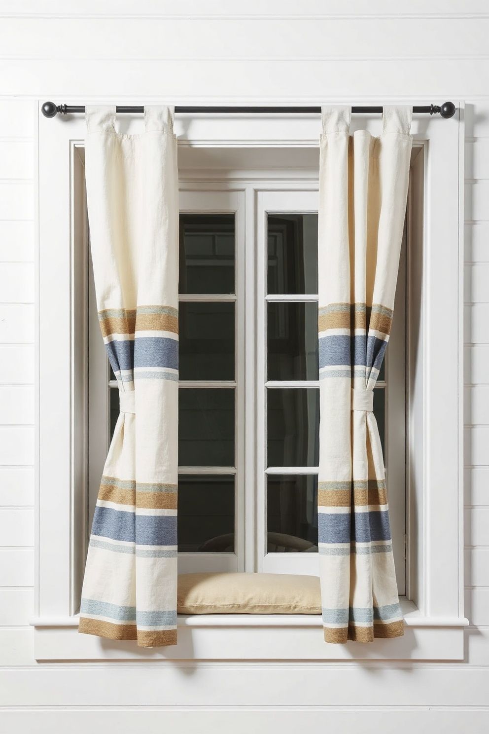 Striped Grain-Sack Linen Curtains Against White Shiplap Window Surround – coastal — bedroom coastal — bedroom decor · Coastal Farmhouse Bedroom: 14 Designs Where Rustic Wood Meets the Shore