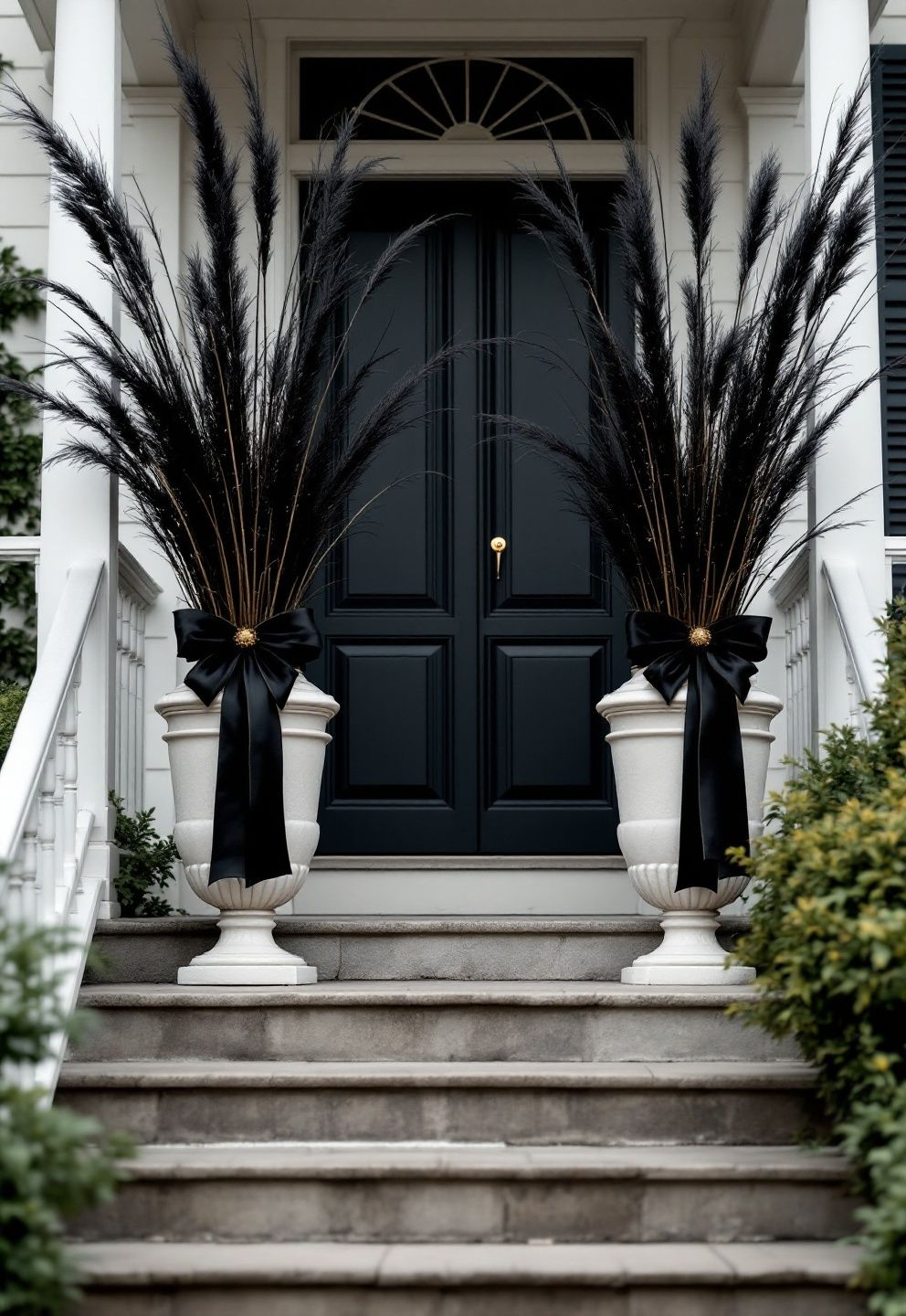 Elegant Black-and-Gold Stair Accents With Ribbon-Tied Urns – seasonal — spring + other seasonal — spring + other decor · Halloween Porch Decor: 16 Dramatic Outdoor Designs That Wow the Whole Street