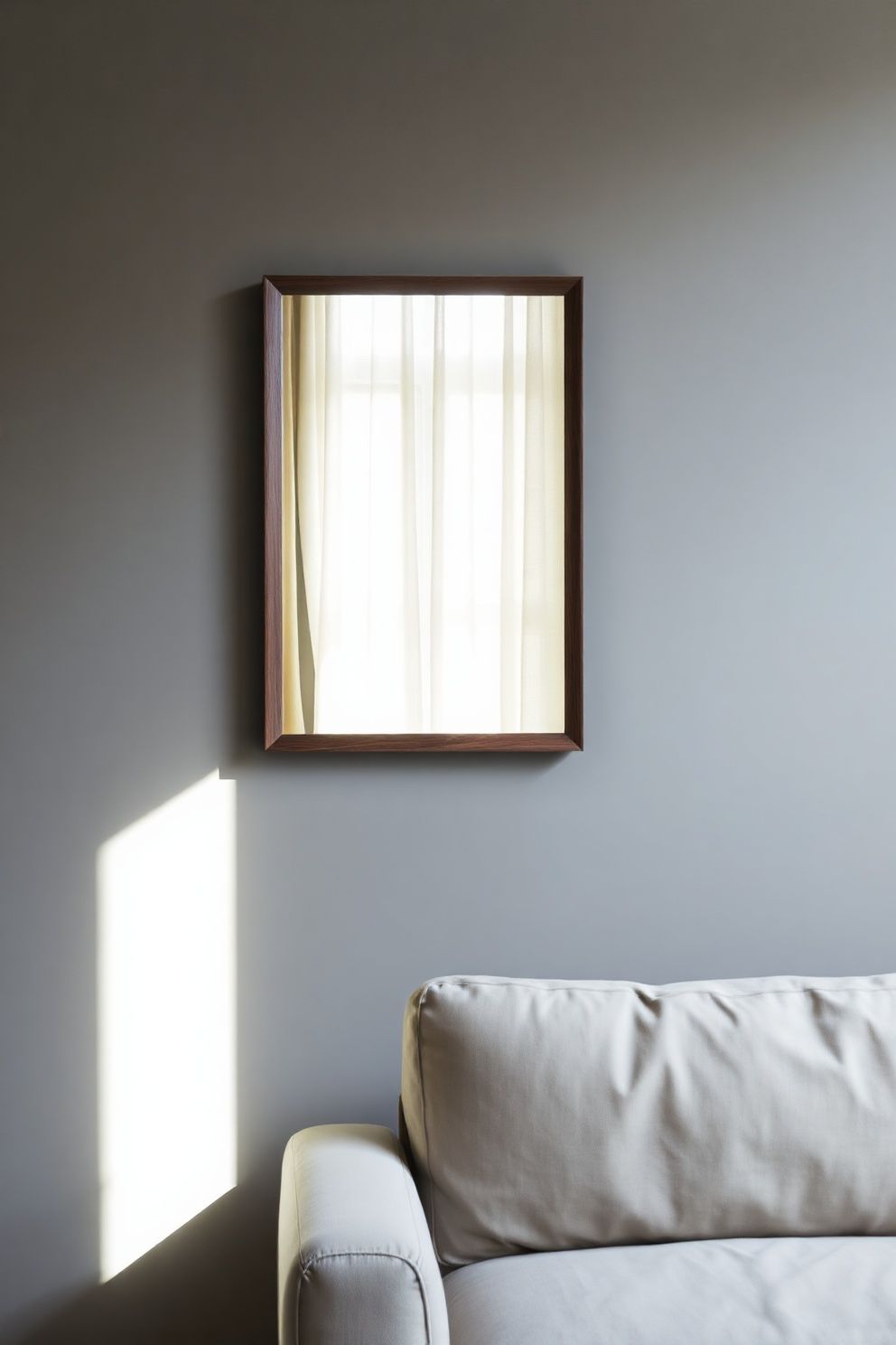 A Slim Rectangular Wood-Frame Mirror on the Wall Opposite the Window — Angled Slightly Upward – japandi — living room japandi — living room decor · 12 Small Japandi Living Room Ideas That Make Any Space Feel Bigger