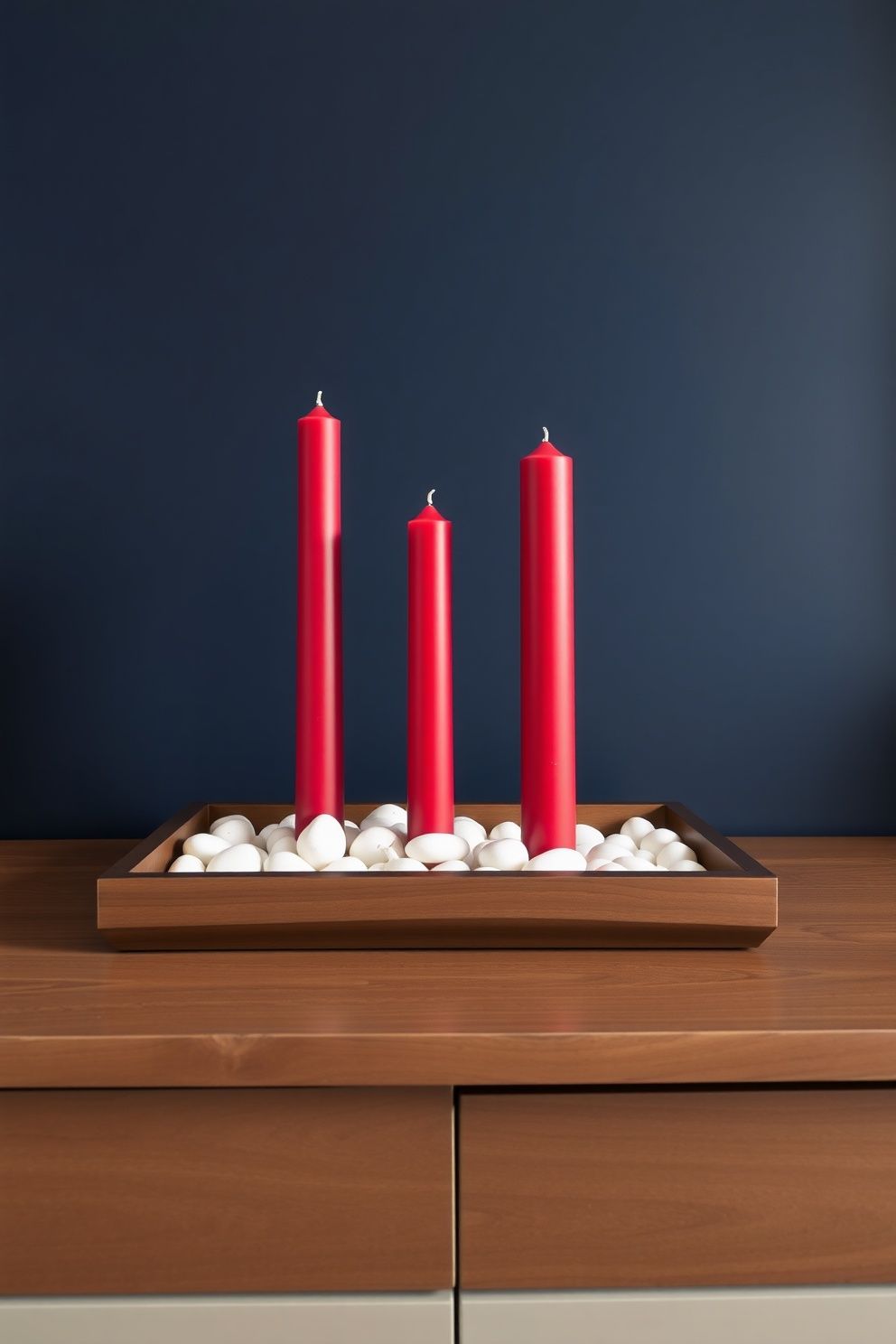 Red Pillar Candles Grouped on a Wooden Tray with White River Stones – seasonal — spring + other seasonal — spring + other decor · 4th of July Home Decor: 16 Patriotic Designs That Celebrate America in Style