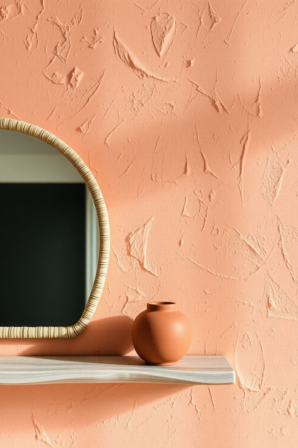 Sandy Coral Raw Plaster Walls Textured With a Wide Irregular Trowel Stroke – coastal — bedroom coastal — bedroom decor · Boho Coastal Bedroom: 15 Relaxed Layered Designs for the Free-Spirited Decorator