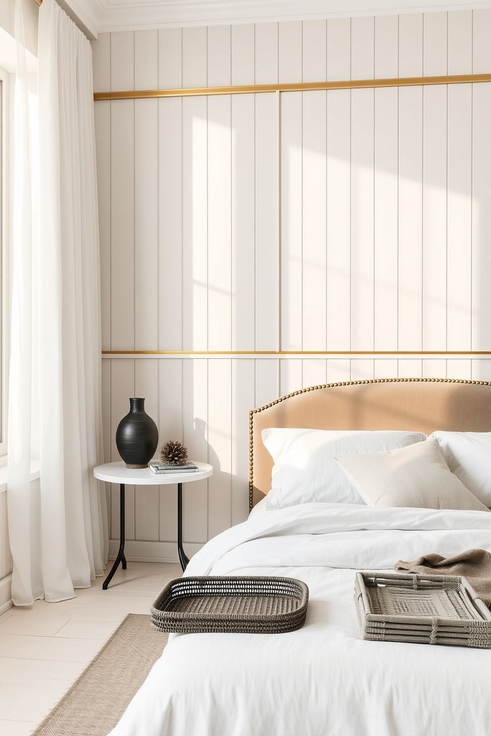 Full-Height Panelled Wall in Chalky Matte White With Brushed Brass Picture Rail – coastal — bedroom coastal — bedroom decor · Coastal Chic Bedroom: 14 Elegant Designs for a Luxury Beach House Feeling