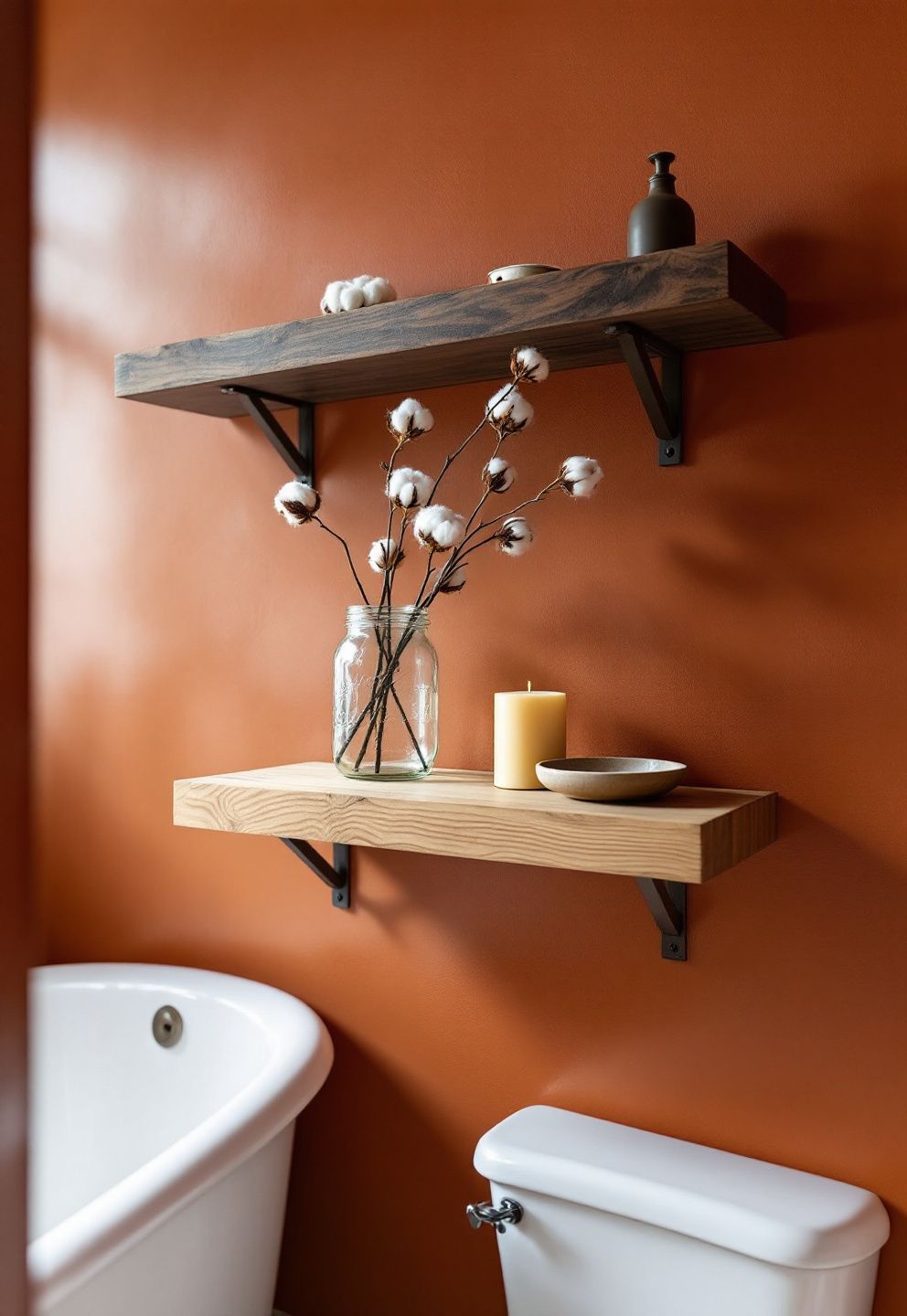 A Floating Reclaimed Wood Shelf Styled With Three Objects: Mason Jar, Dried Cotton Stems, Beeswax Candle – seasonal — fall seasonal — fall decor · Fall Bathroom Decor: 16 Cozy Autumn Touches That Transform the Most Private Room