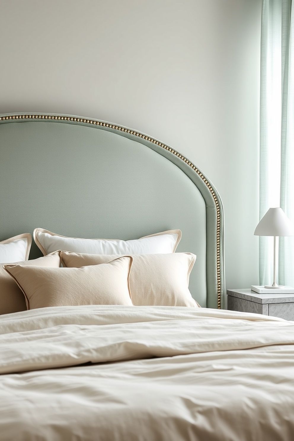 Curved Sage Velvet Headboard With Brushed Gold Stud Trim – coastal — bedroom coastal — bedroom decor · Coastal Chic Bedroom: 14 Elegant Designs for a Luxury Beach House Feeling