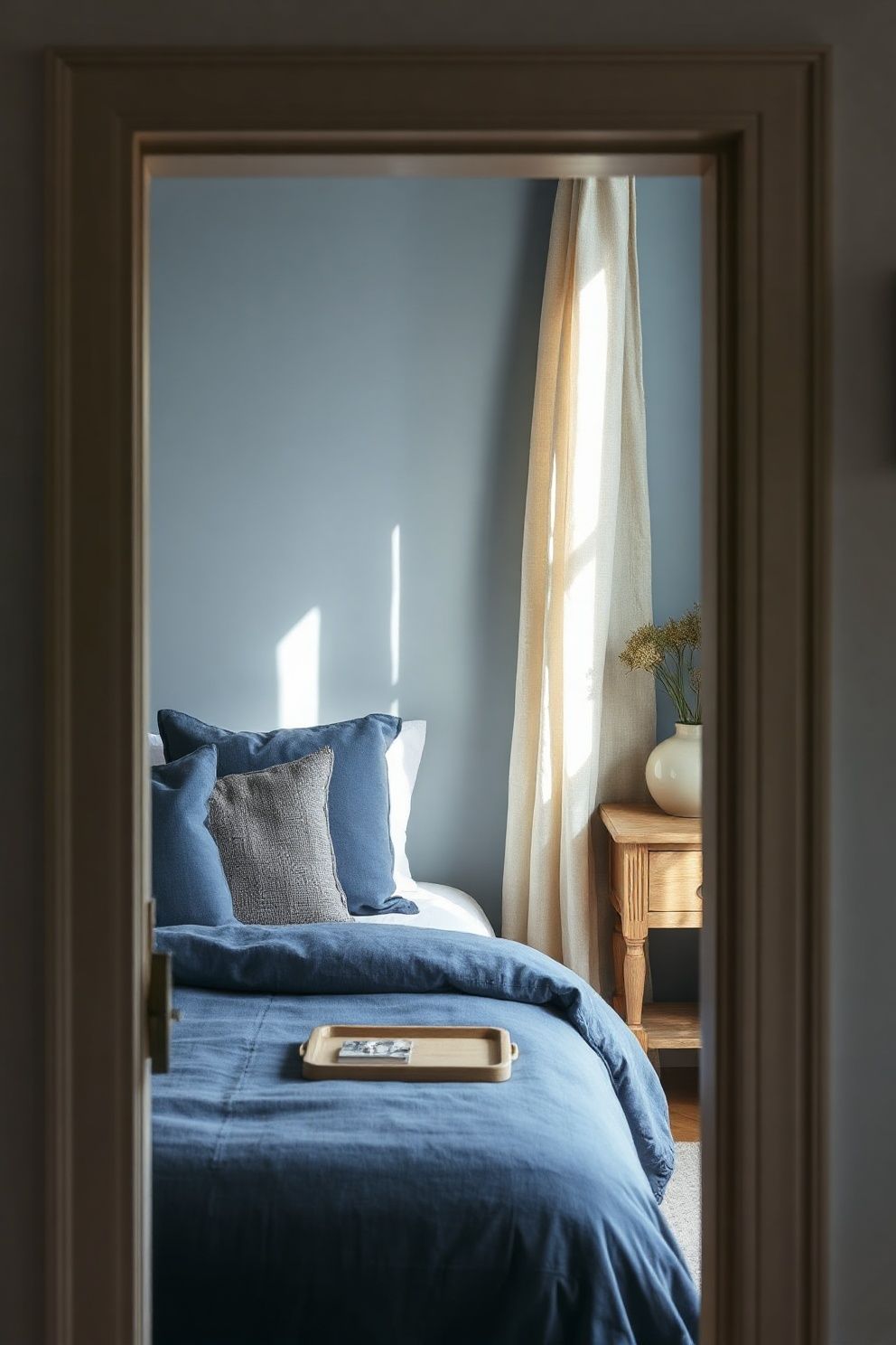 Navy Pillow Covers, Slate Blue Duvet, Sky Blue Walls — One Room
