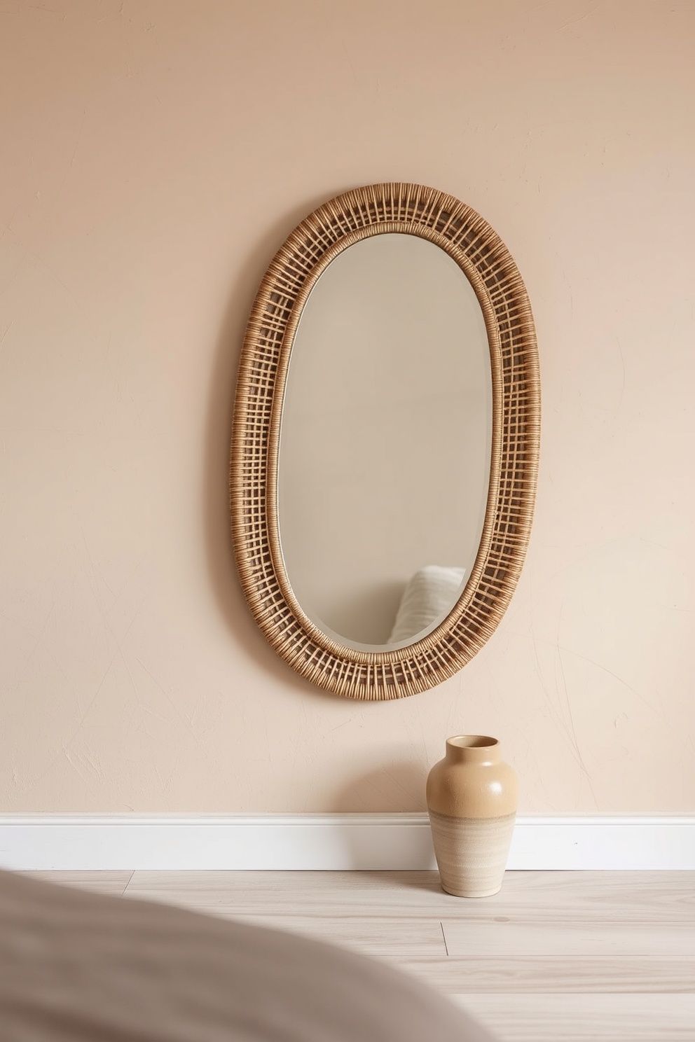 Oval Rattan-Wrapped Mirror Leaning Against a Plaster Wall – coastal — bedroom coastal — bedroom decor · Neutral Coastal Bedroom: 15 Calm Designs in Sand Cream and Warm White