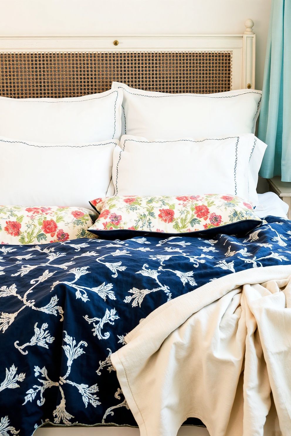 Bed Dressing: Layered China-Blue and White Pattern – coastal — bedroom coastal — bedroom decor · Coastal Grandma Bedroom: 14 Timeless Designs Full of Pattern Warmth and Heritage