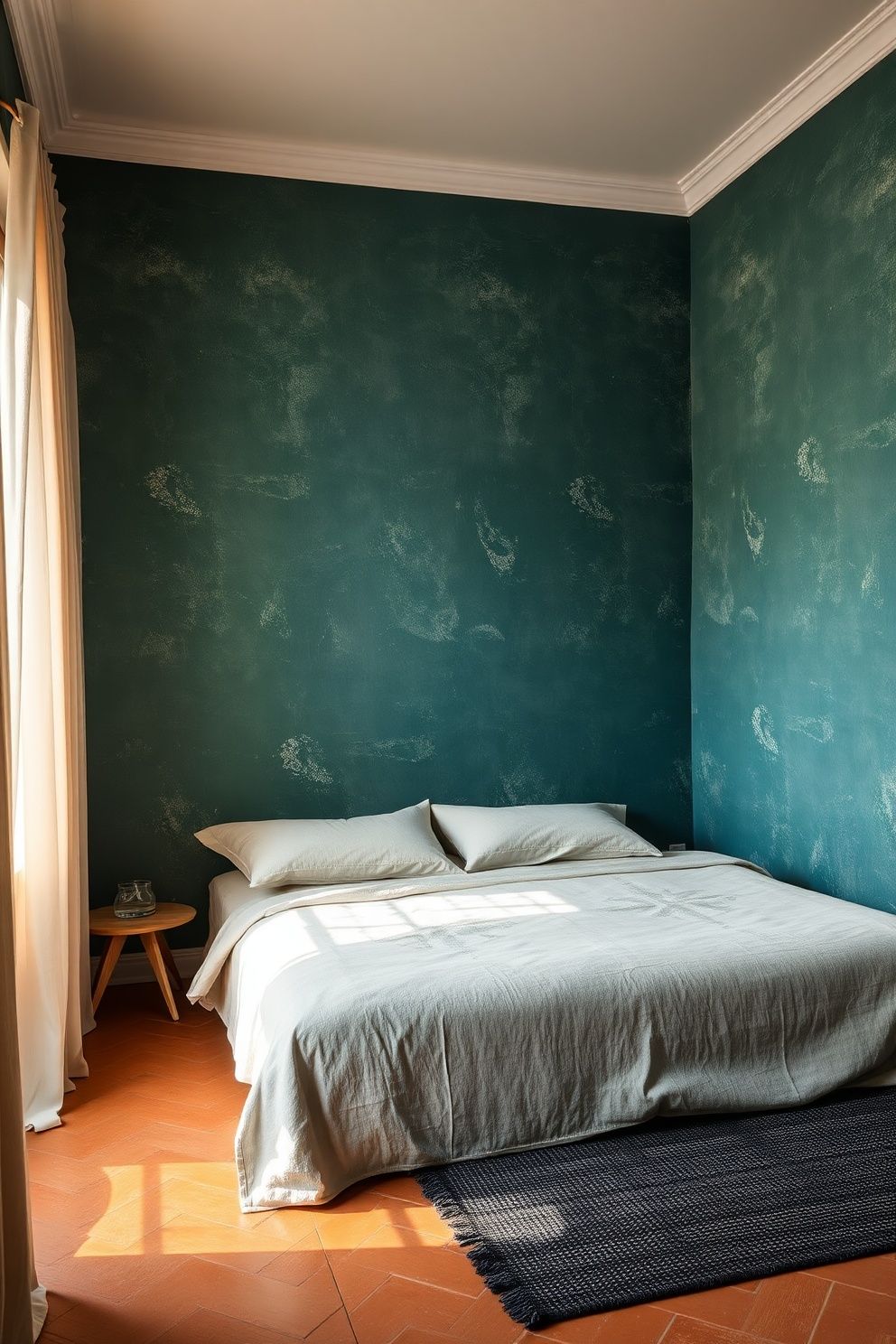 Deep Teal Limewash Accent Wall With Raw Linen Bed and Terracotta Floor Tiles – coastal — bedroom coastal — bedroom decor · Aesthetic Coastal Bedroom: 15 Pinterest-Perfect Designs That Stop the Scroll