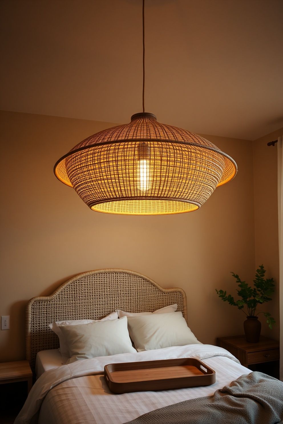Woven Abaca Pendant Light Over the Bed in Natural Unbleached Fibre – coastal — bedroom coastal — bedroom decor · Neutral Coastal Bedroom: 15 Calm Designs in Sand Cream and Warm White